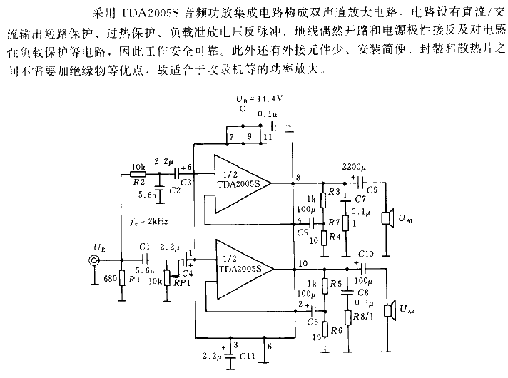 20W (10W×2) audio power amplifier circuit using TDA2005S