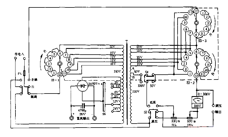 Multi-purpose stepping self-coupling<strong><strong>voltage regulator</strong></strong><strong><strong>Circuit diagram</strong></strong>.gif