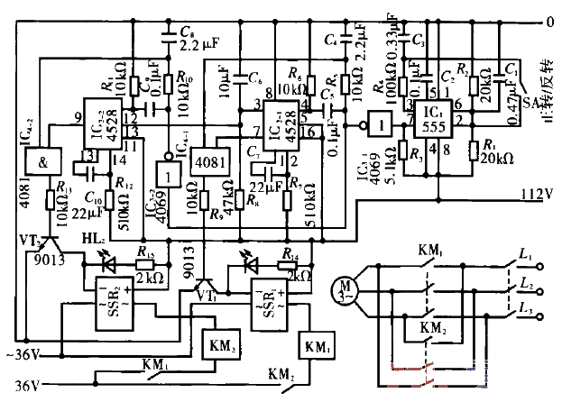 Three-phase asynchronous motor forward and reverse manual control circuit