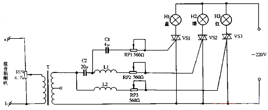 Line controlled three-way music light controller