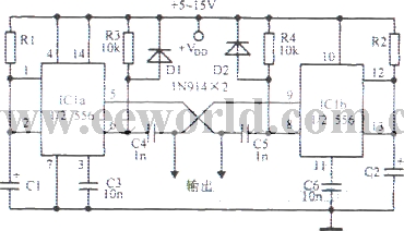 利用556组成的双无稳态多谐振荡器
