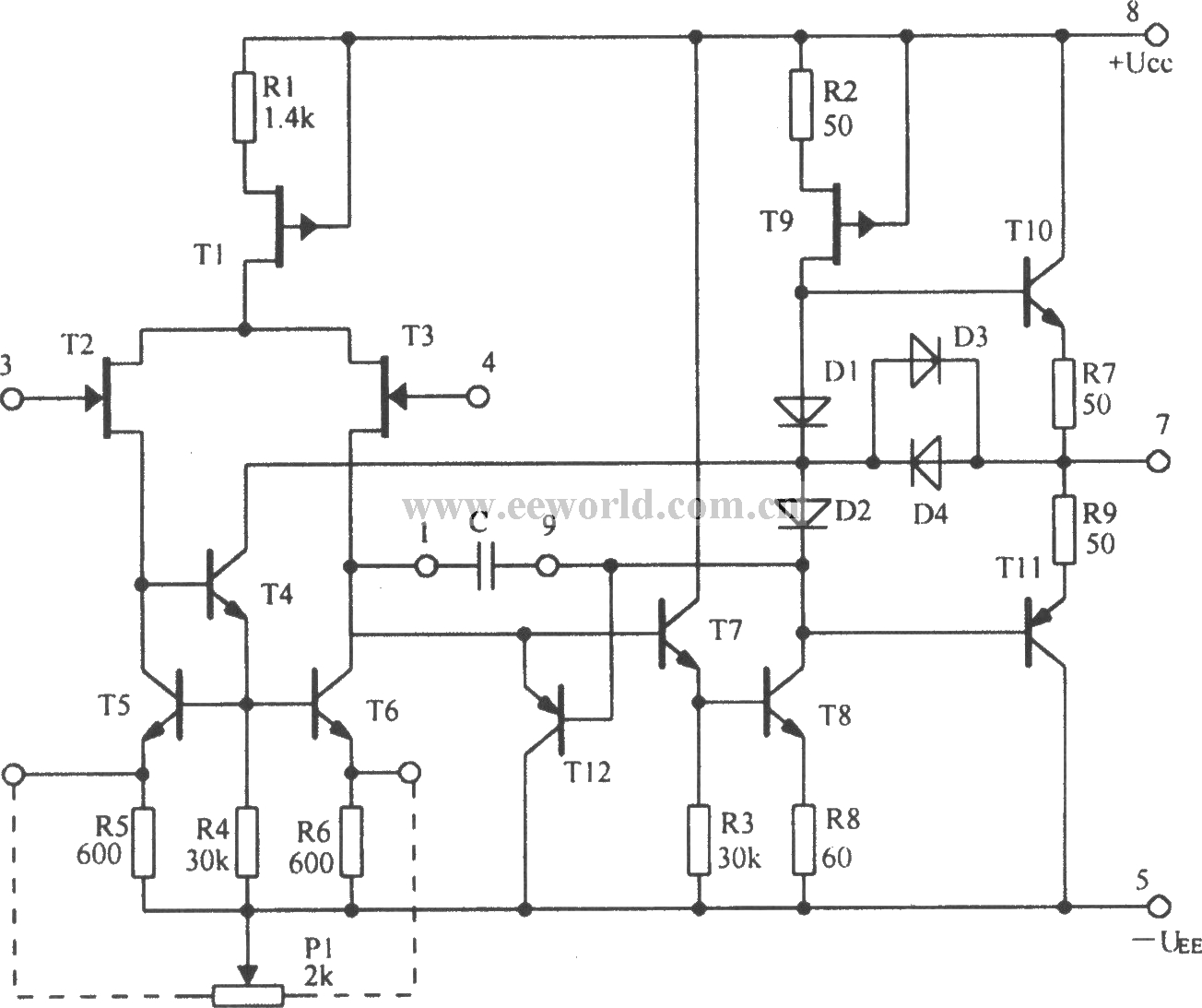 Internal circuit diagram of 5G28 integrated operational amplifier