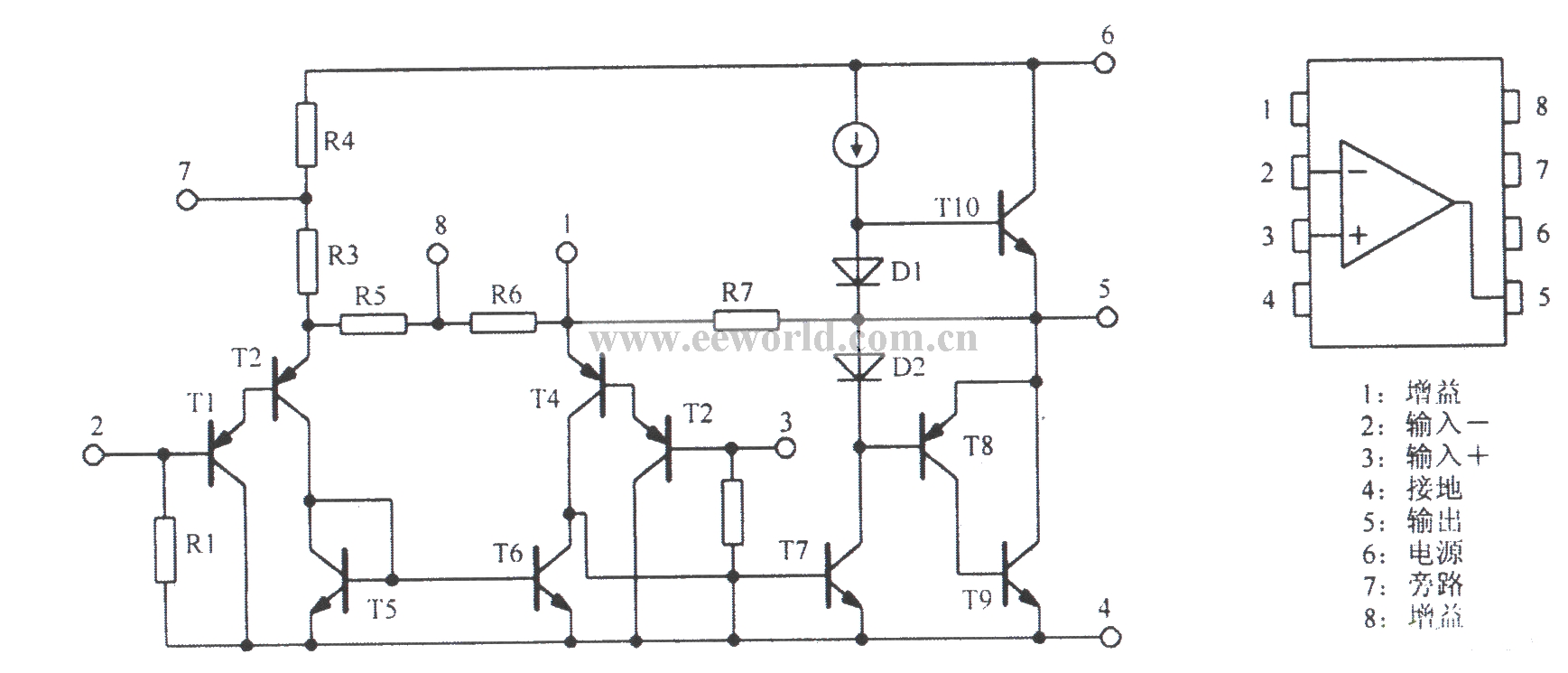 Universal power amplifier circuit LM386 equivalent circuit and packaging form