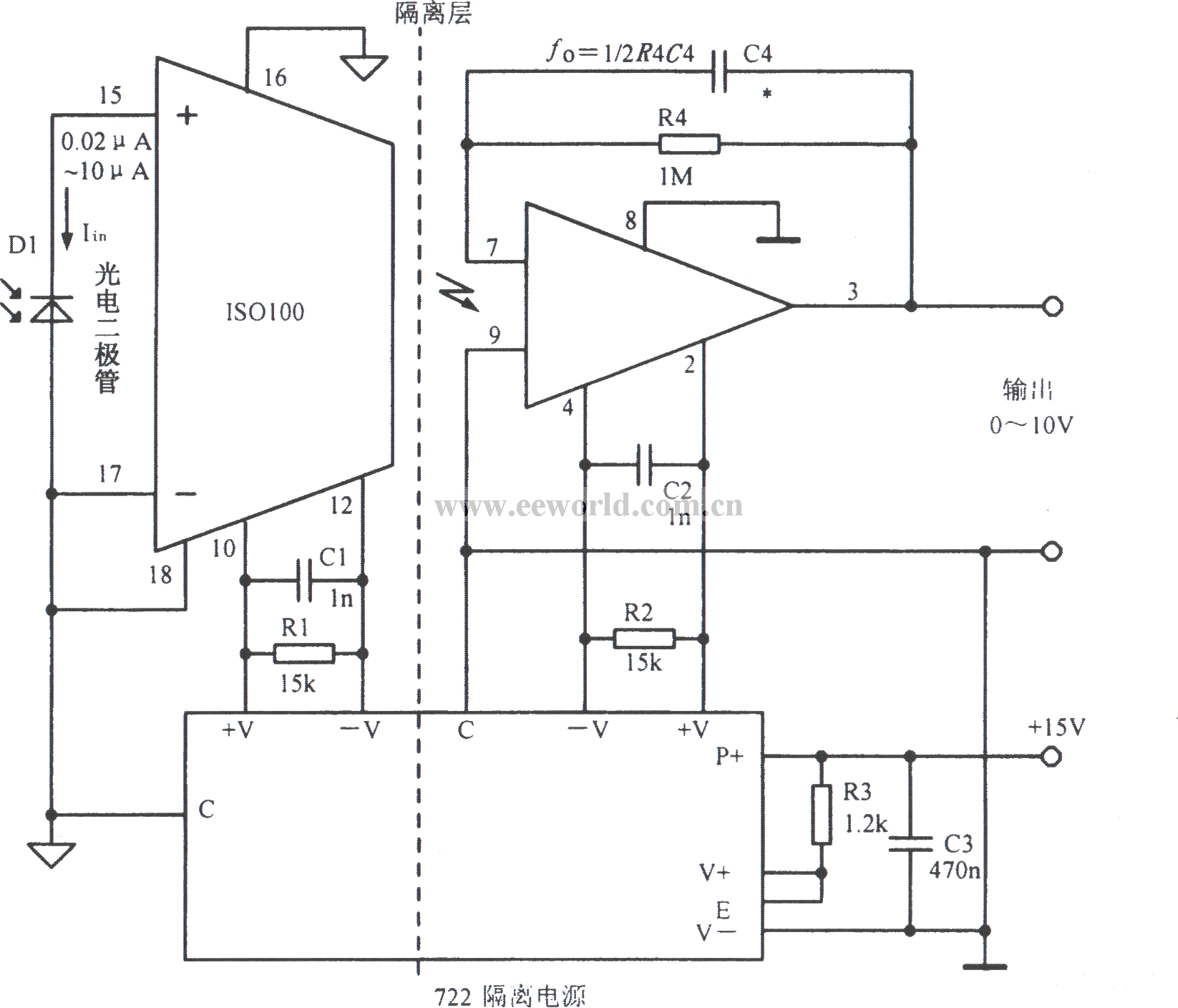 Isolated amplifier circuit using photodiode and ISOl00