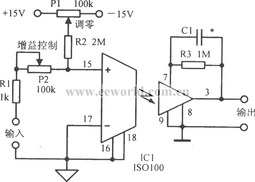 Gain-adjustable test equipment isolation amplifier circuit