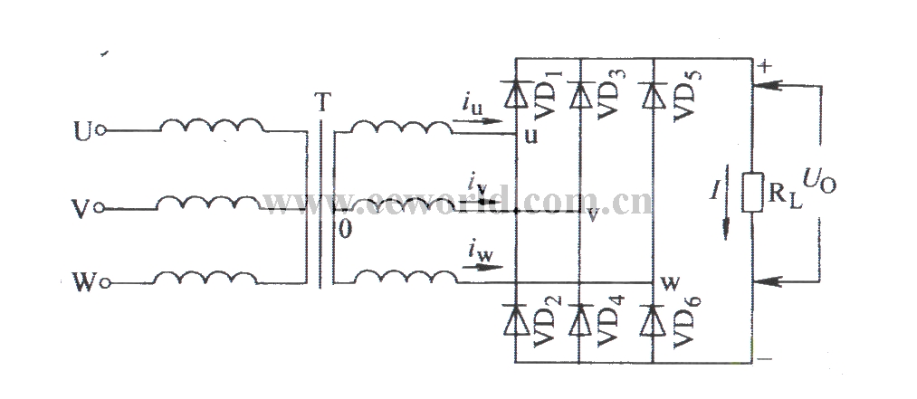 Three-phase bridge resistive load rectifier circuit