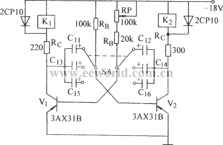 能带动两只继电器的无稳态电路