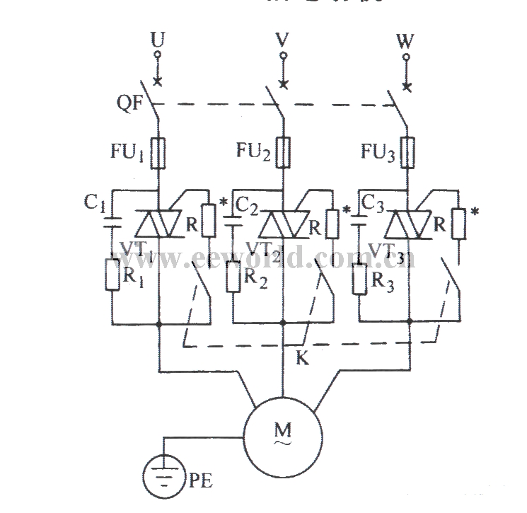 双向晶闸管控制三相电动机的典型电路