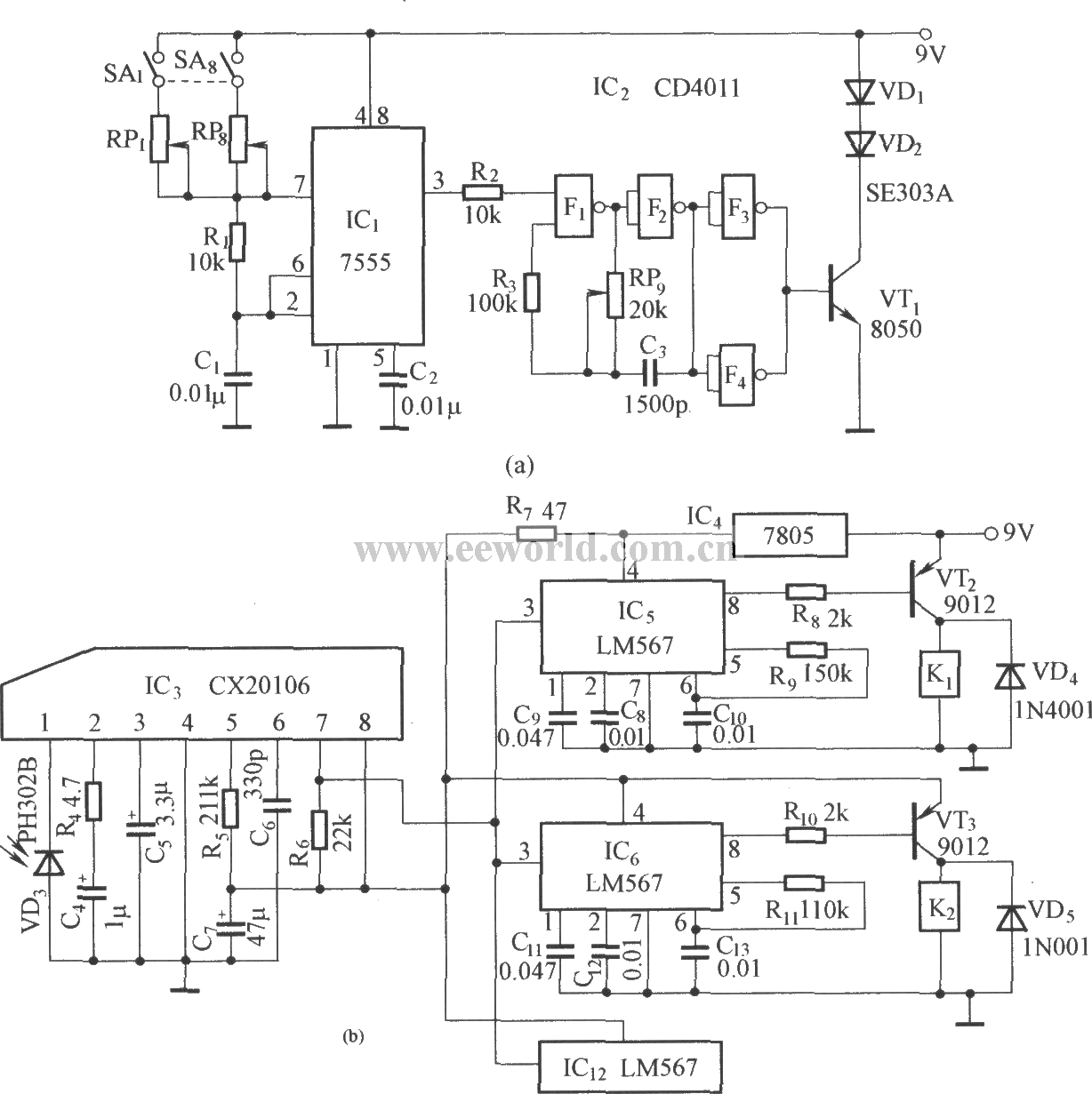 Eight-channel infrared remote control circuit