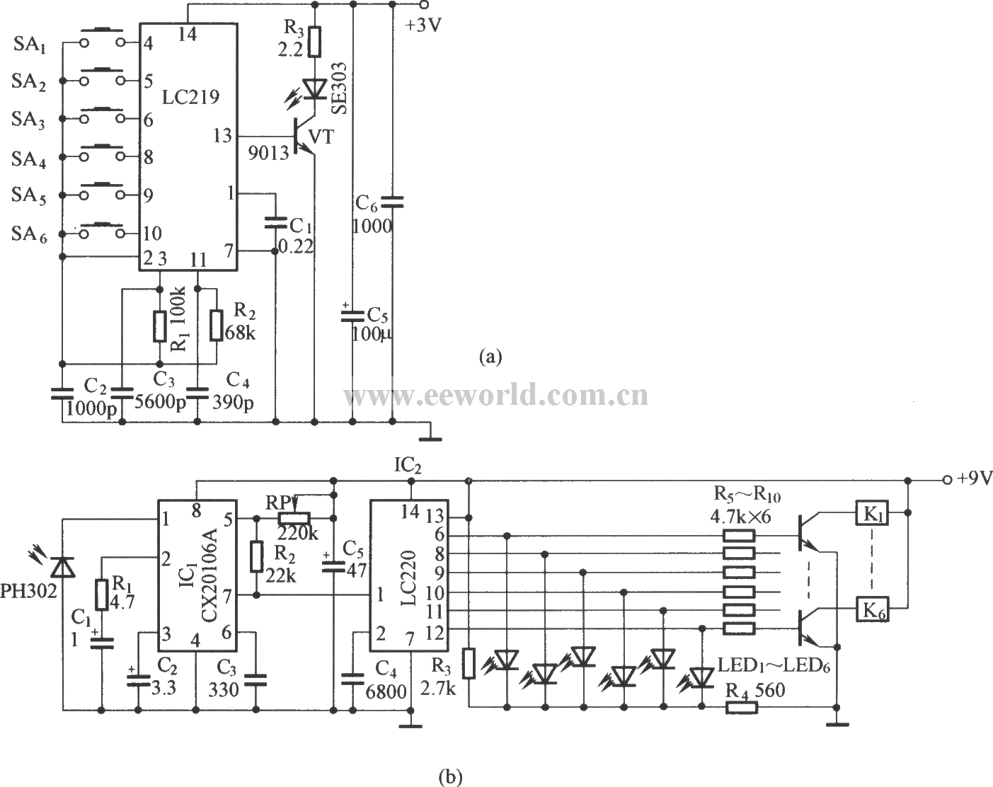 Six-way infrared remote control switch circuit