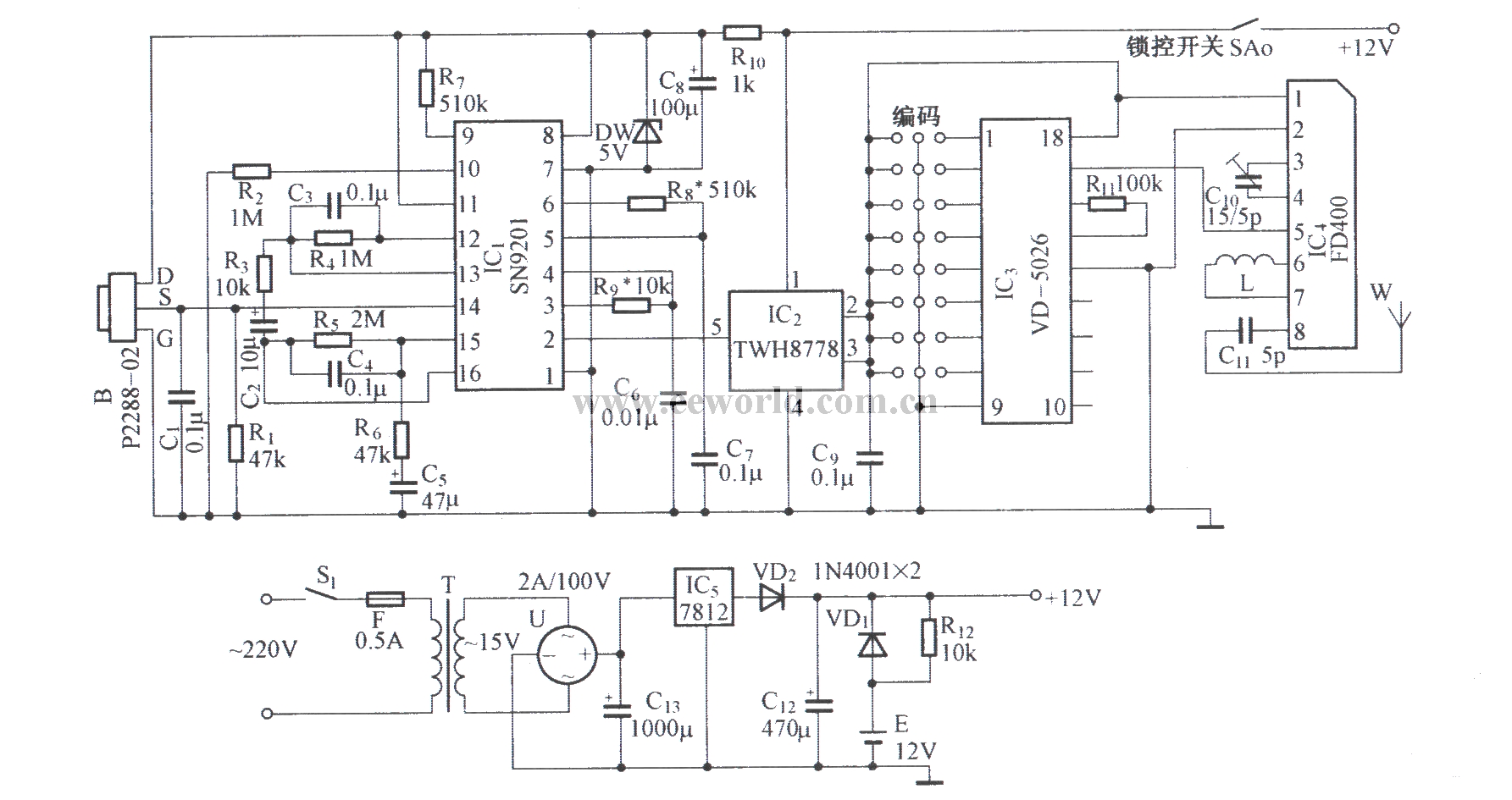 Pyroelectric detection and radio transmission circuit