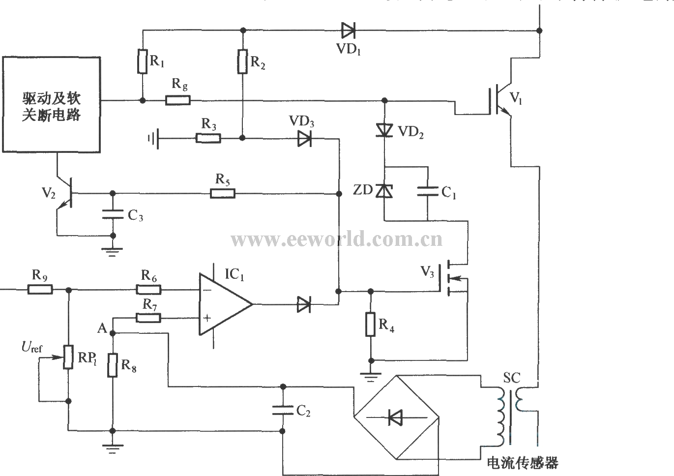 利用IGBT短路时UCE增大的原理和电流传感器检测的综合保护电路