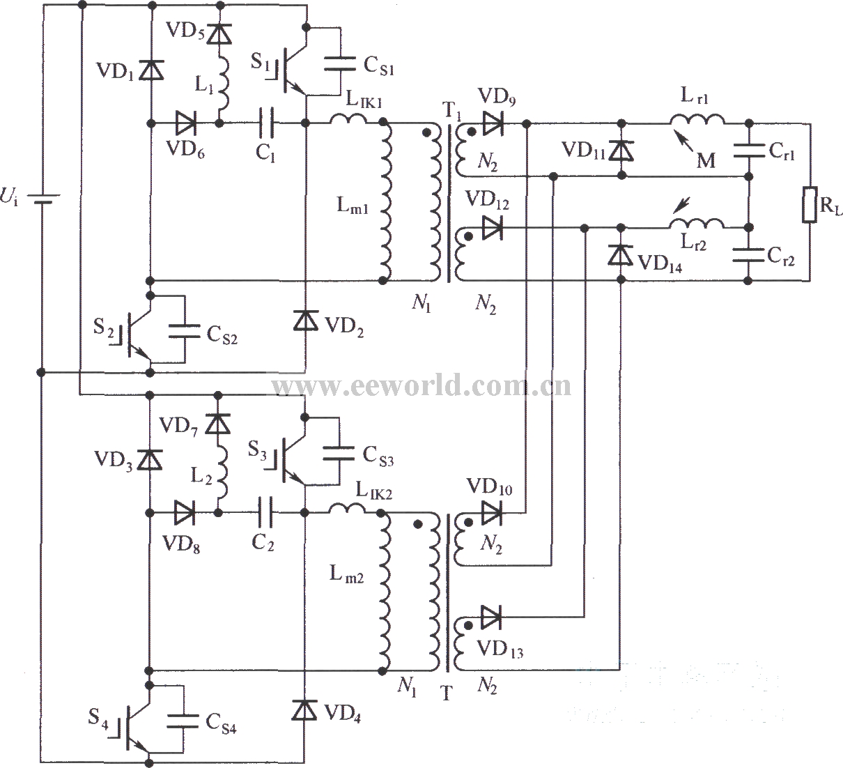 双管正激变换器电路拓扑图
