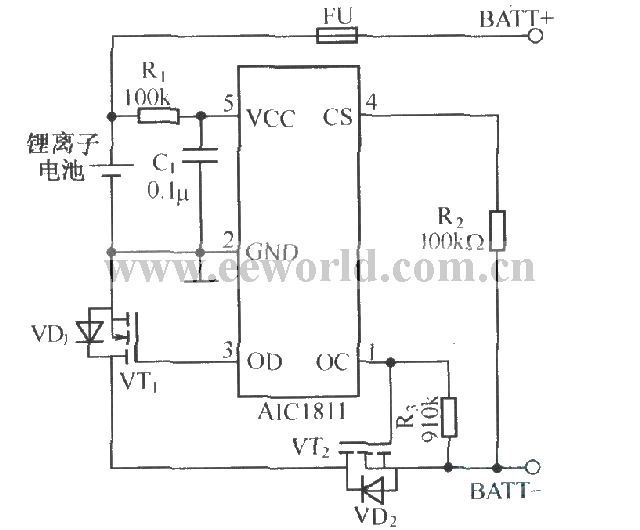 Single-cell lithium-ion battery protection circuit composed of AICl811