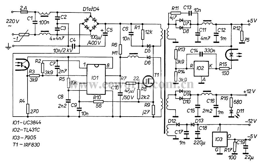 60W switching power supply circuit composed of UC3844