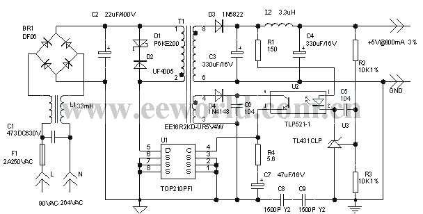 4W switching type 5V regulated DC power supply circuit