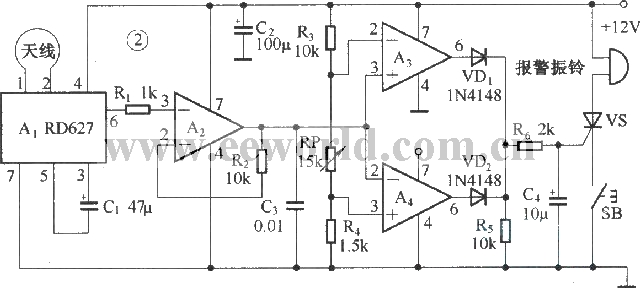 Microwave alarm circuit composed of RD627