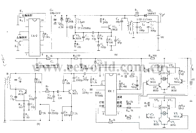 Four-channel wireless remote control toy car circuit schematic composed of RX-2/TX-2