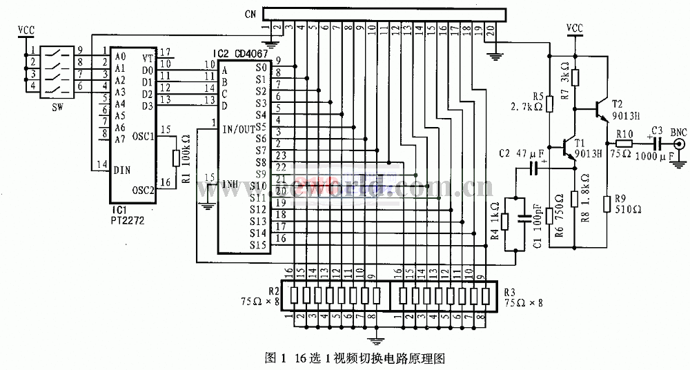 16选1视频切换电路原理图