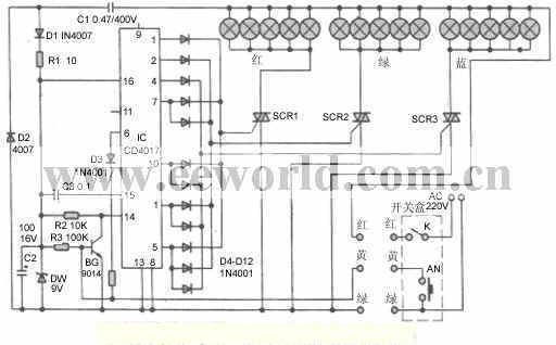 可控硅控制的变色吊灯电路
