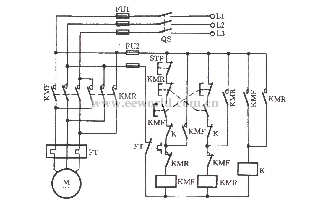 三相电动机带中间继电器的换向电路
