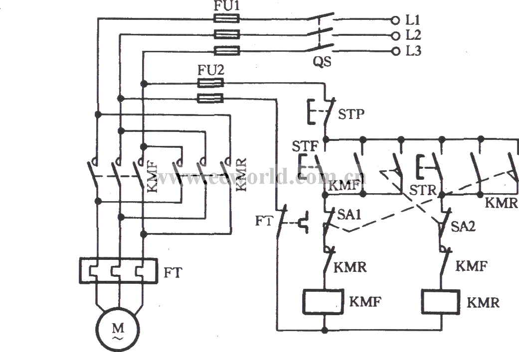 Three-phase motor uses commutation circuit of travel switch