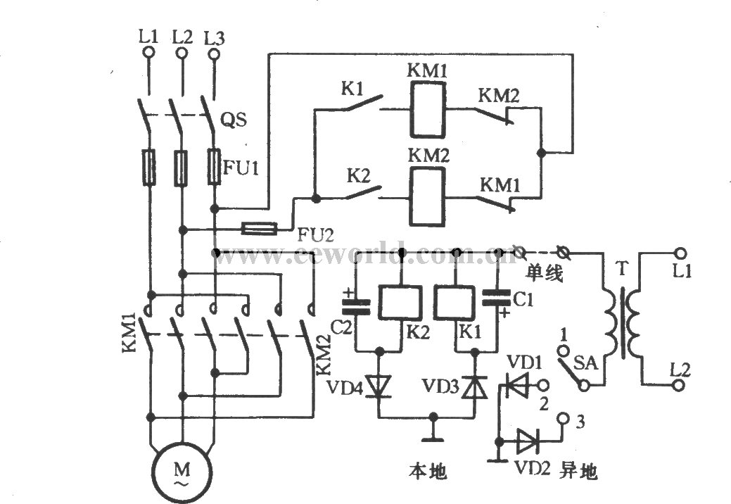 三相电动机单线远程换向电路