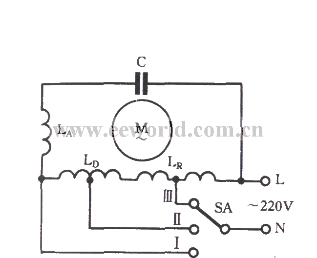 Single-phase motor winding tap L-1 connection three-speed circuit