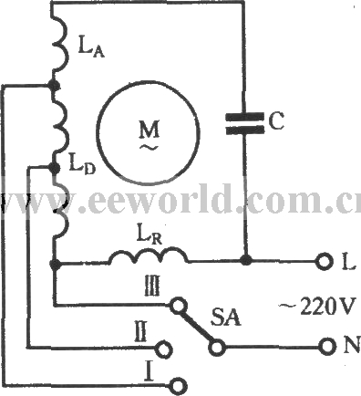 单相电动机绕组抽头L-2接法三速电路
