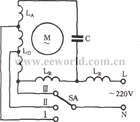 Single-phase motor winding tap H-type connection three-speed circuit