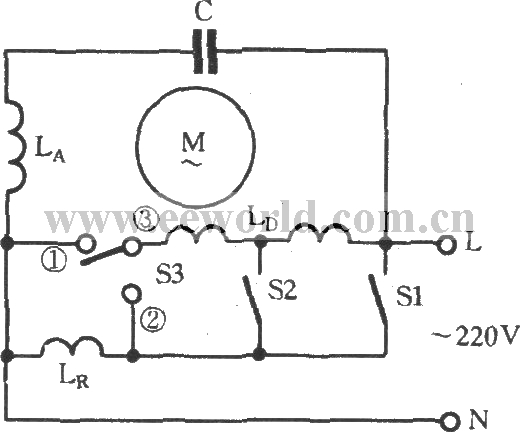 单相电动机绕组串并联三速电路