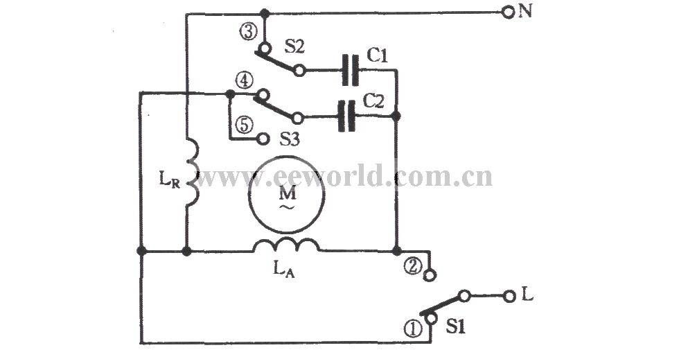 单相电动机电容器串并联三速电路