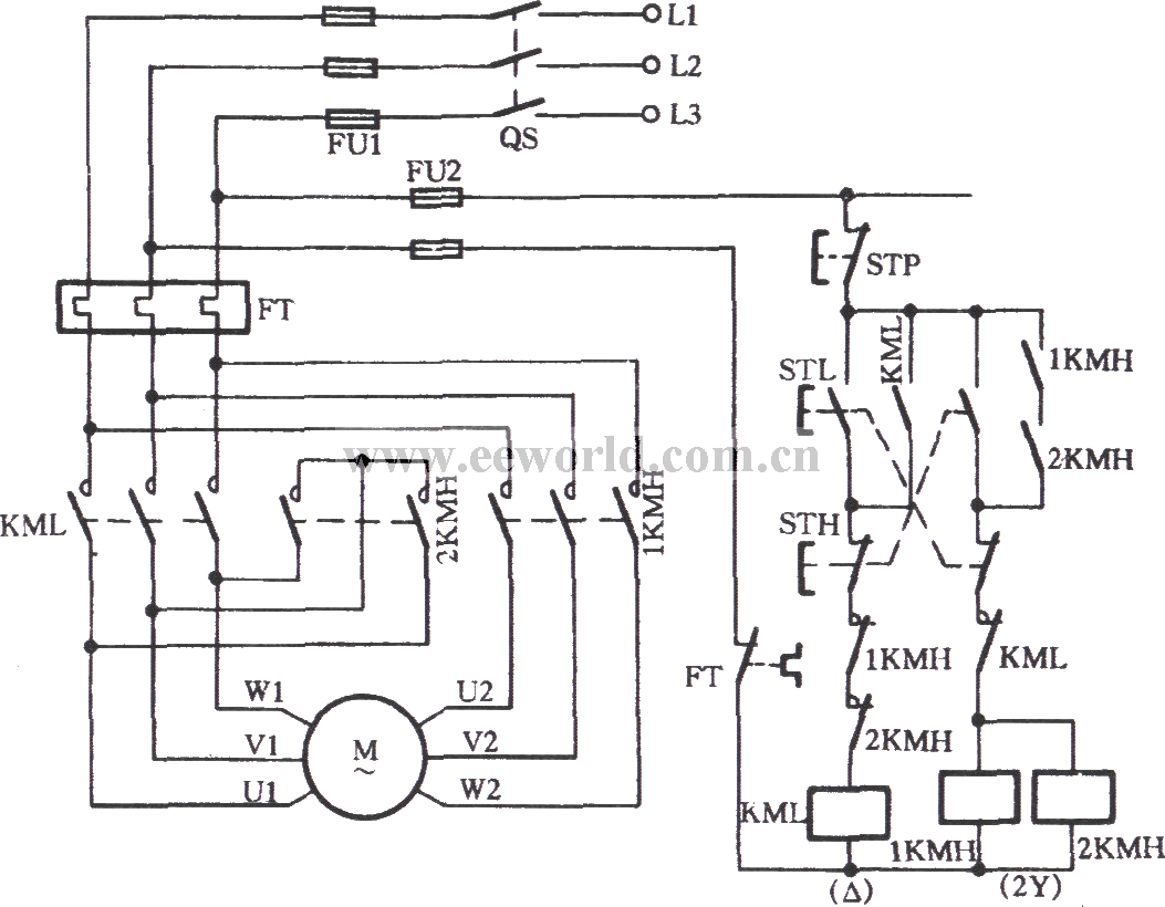 三相电动双速2Y／△接法调速电路(二)