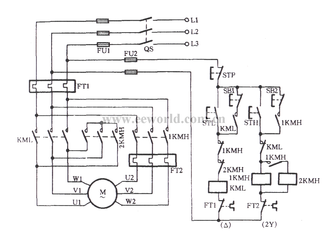 三相电动机双速2Y／△接法调速电路(三)