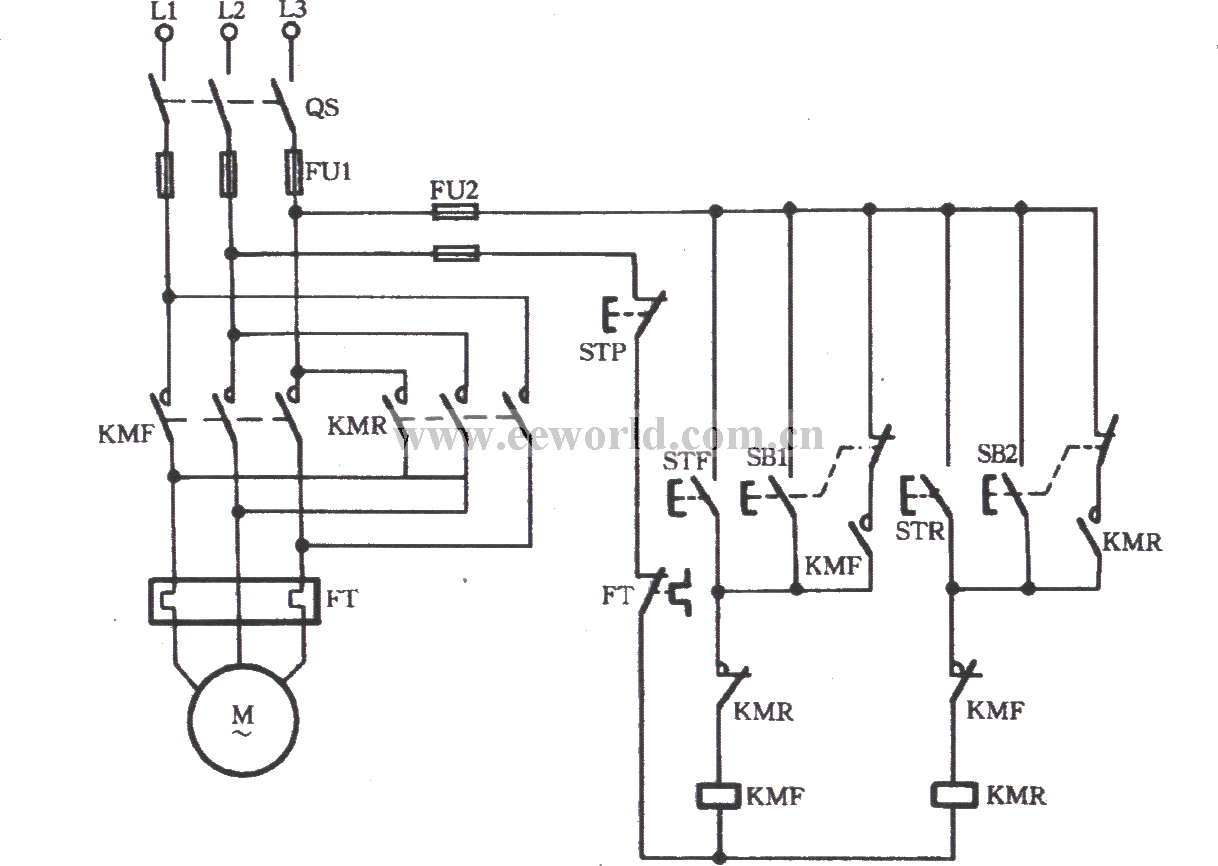 Three-phase motor contactor interlocking with inching commutation circuit