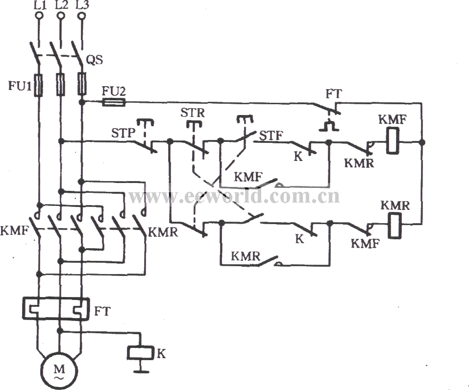 三相电动机采用继电器防止相间短路的换向电路