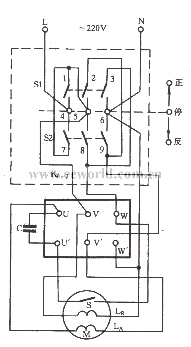 单相电动机用KO-3型三相开关控制的换向电路