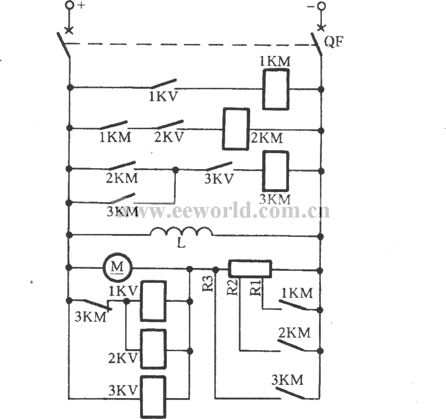 由电压继电器控制的直流电动机启动电路