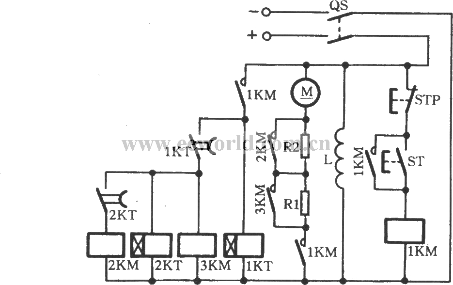 由时间继电器控制的直流电动机启动电路