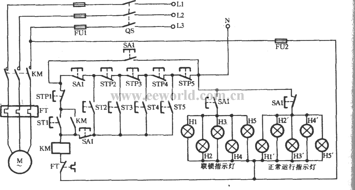 五地控制一台电动机带指示灯电路