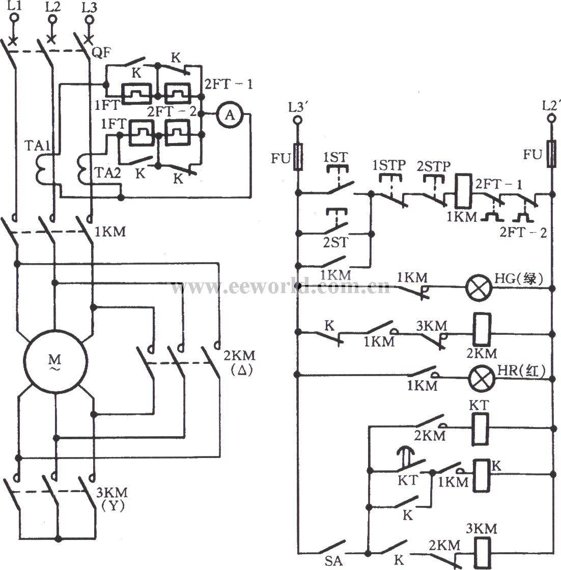 三相电动机△启动Y运行电路