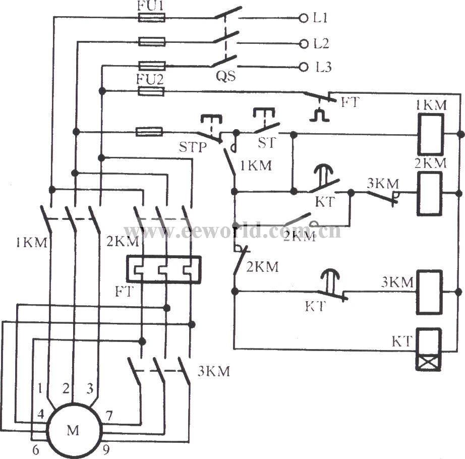 Three-phase motor Yanbian delta-shaped step-down starting circuit