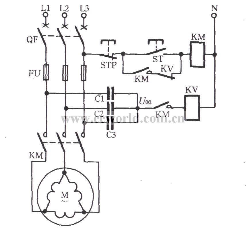 △接法电动机断相用电压继电器保护电路