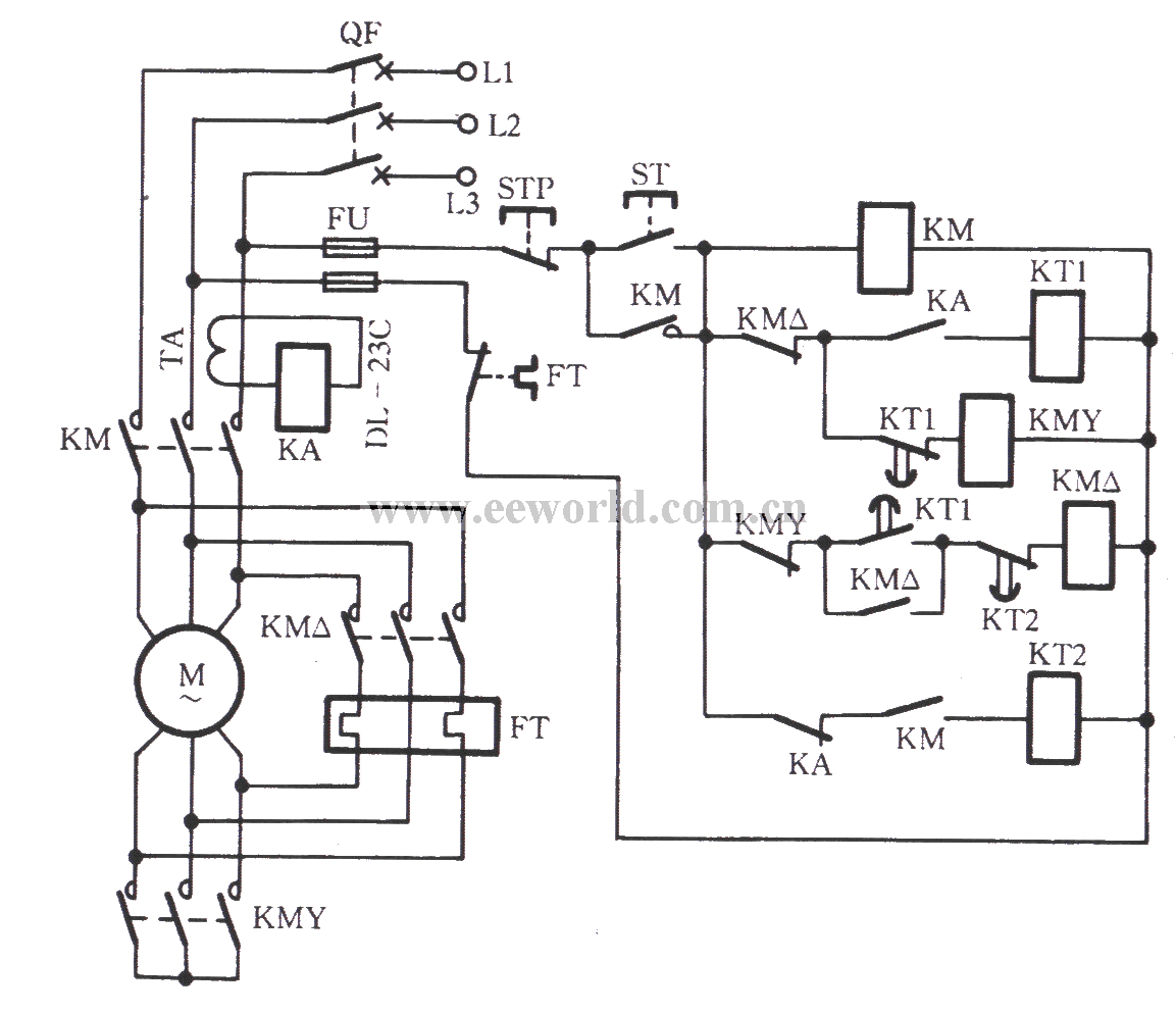 Y-△ start control changed to △-Y automatic conversion energy-saving circuit