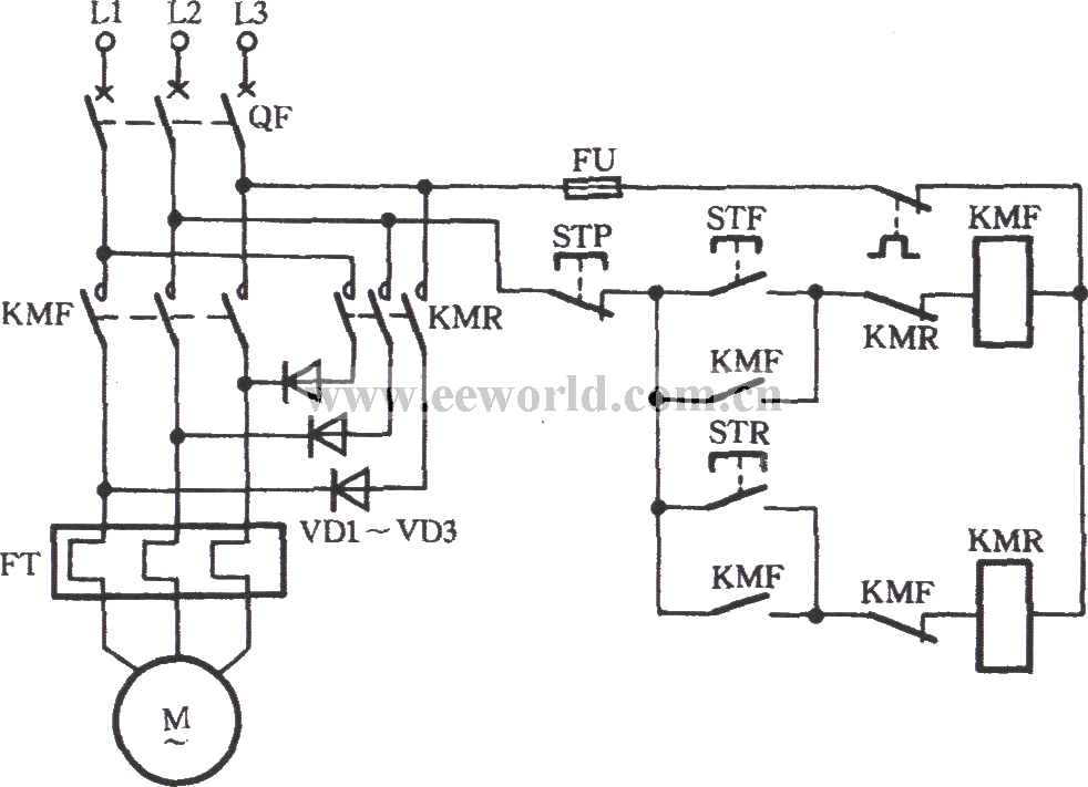 Three-phase motor Y-connected low-speed reverse operation and braking circuit