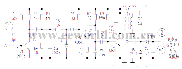 An experimental crystal oscillator FM transmitter circuit