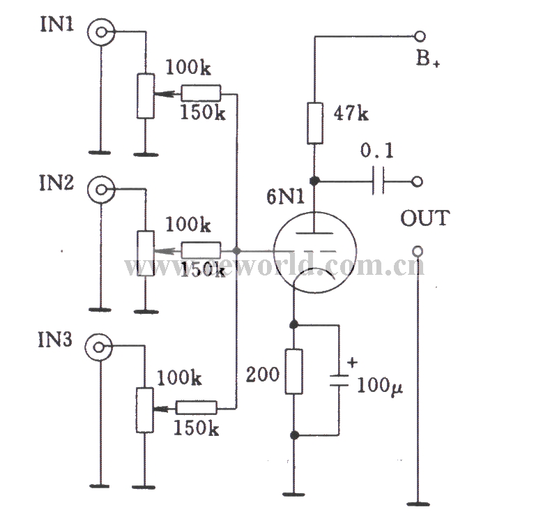 Vacuum tube single-stage multiple input circuit with resistor coupling