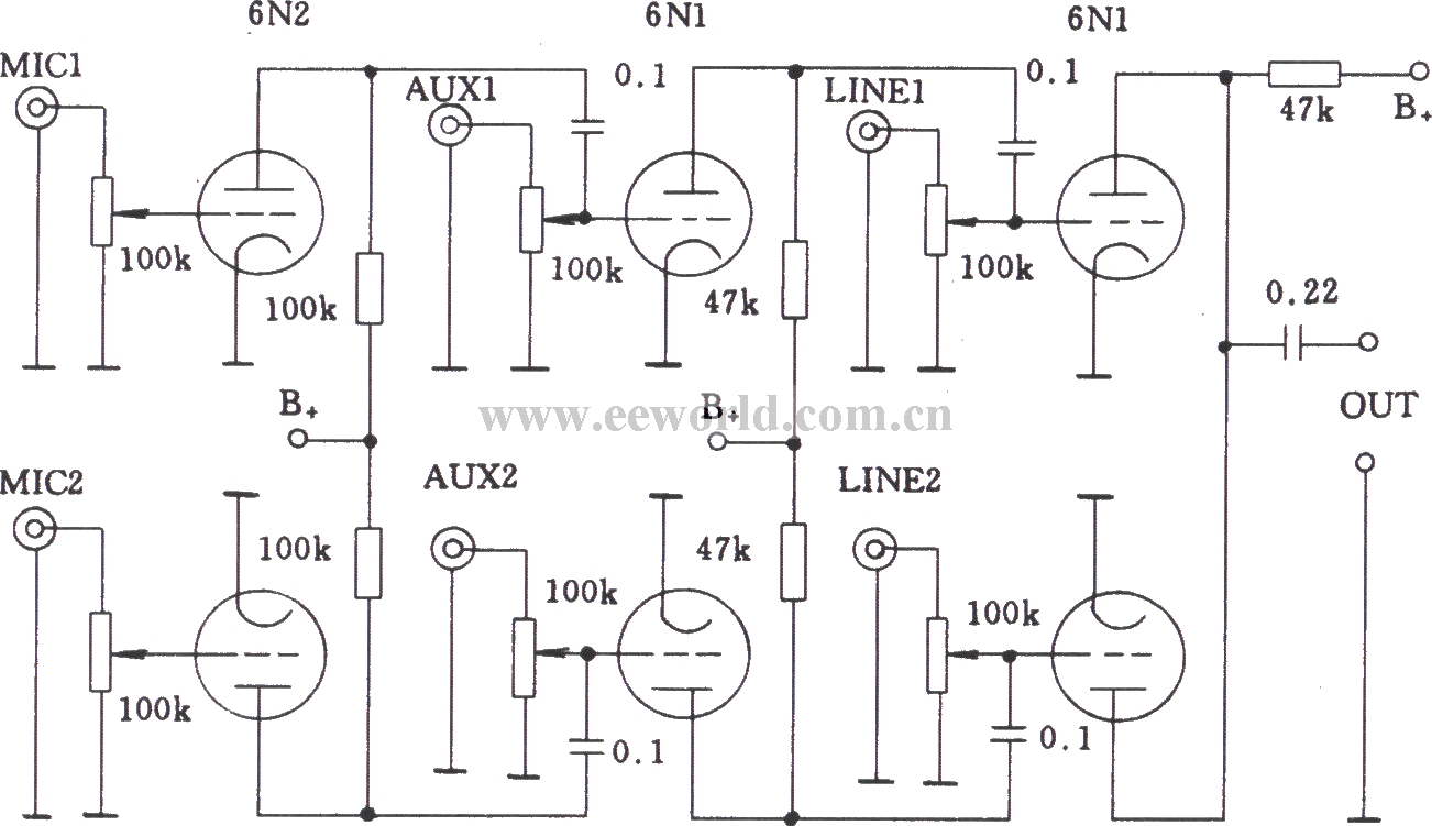 Tube multi-channel audio input mixing circuit 1