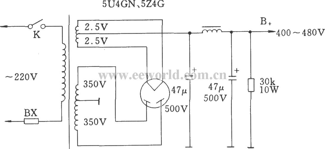 Directly heated rectifier tube filament high voltage circuit with center tap