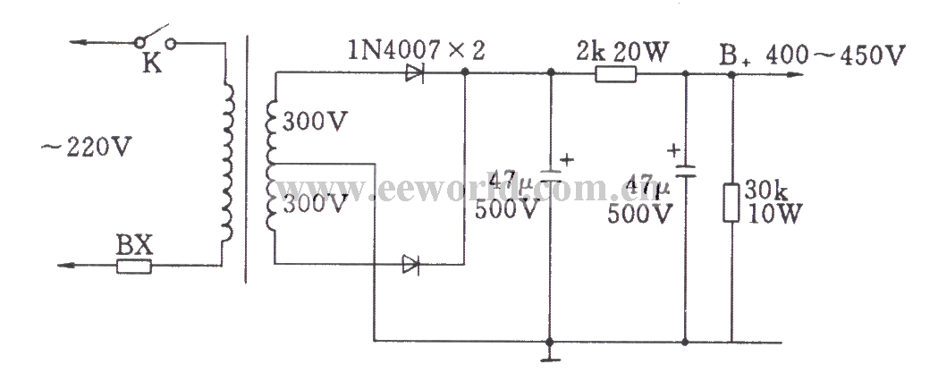 Crystal diode full-wave rectifier circuit (for tube power amplifier)